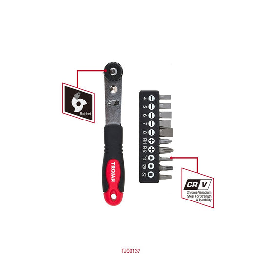 Trojan 11 Piece Ratchet Screwdriver Set - 82mm x 30mm x 183mm - Red Black – view 2