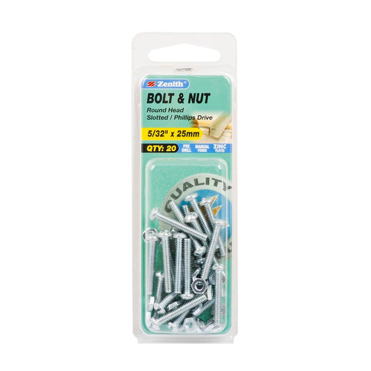 Zenith Round Head Bolt & Nut - 5/32 x 25mm - 20 Pack - Zinc Plated - Auzzistore