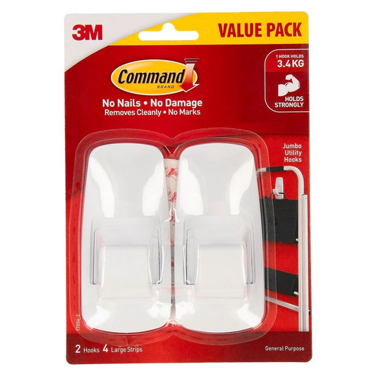 Command Jumbo Hooks - White Adhesive - 2 Pack - Plastic - Damage-Free