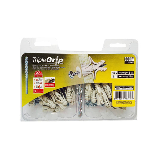 Cobra Triple Grip Anchor Screws 40 Pack - 6mm - Silver - Easy Installation