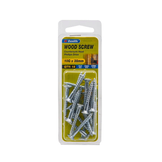 Zenith Countersunk Head Wood Screws 10g x 38mm - Zinc Plated - 18 Pack - Auzzistore
