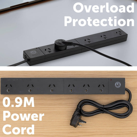 Arlec 6 Outlet Surge Protected Powerboard 380mm - Black - Wide Spaced – view 2 - Auzzistore