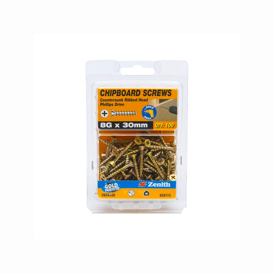 Zenith 8g Chipboard Screws - Countersunk Rib Head - 30mm - Gold - 100 Pack – view 2 - Auzzistore
