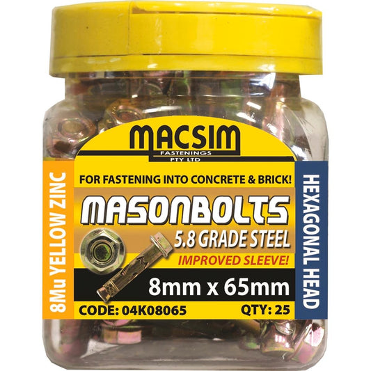 Macsim Fasteners 8 x 65mm Zinc Sleeve Anchor 25 Pack High Strength - Auzzistore