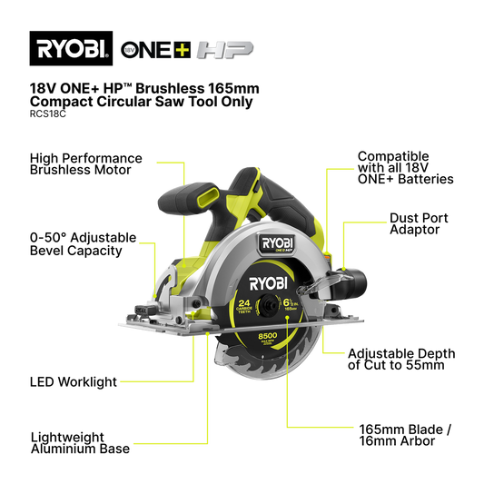 Ryobi 18V One+ HP Brushless Circular Saw RCS18C - 165mm - Lightweight - Clean Cuts – view 2