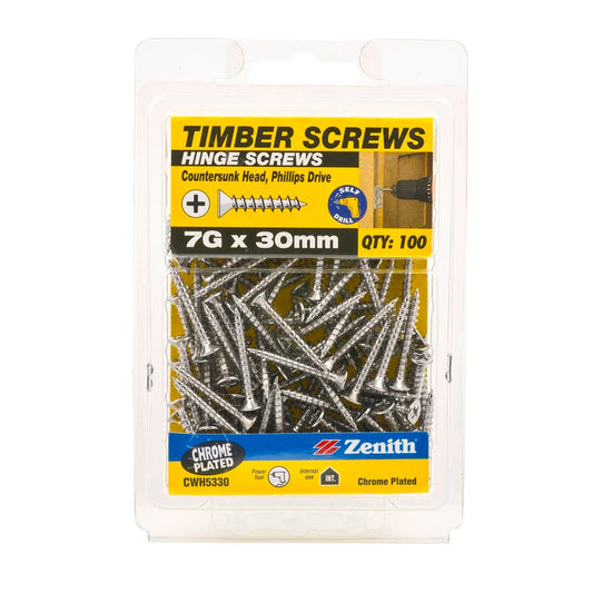 Zenith Timber Screws - 7g x 30mm - Chrome Plated - Countersunk Head - 100 Pack - Auzzistore