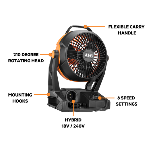 AEG 18V Hybrid Fan Skin Only - 210° Pivoting Head - 6 Speed Settings - 3.01kg – view 2