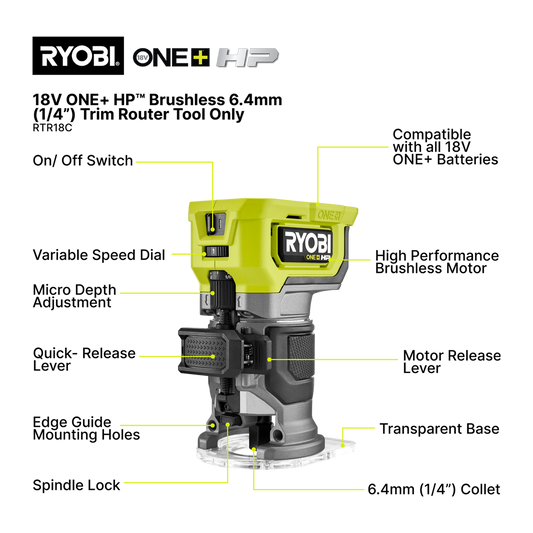 Ryobi 18V One Brushless Trim Router RTR18C - 6.4mm - Compact - Precise Control – view 2 - Auzzistore