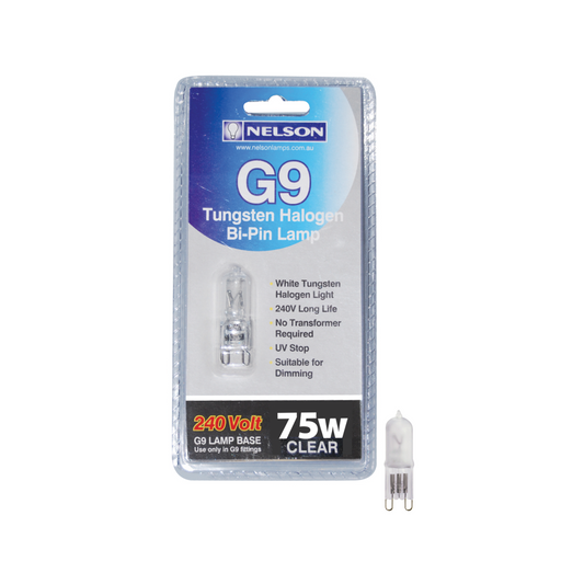 Nelson G9 75W Tungsten Halogen Clear Ice Blue Bi Pin Globe 15mm x 55mm - Auzzistore