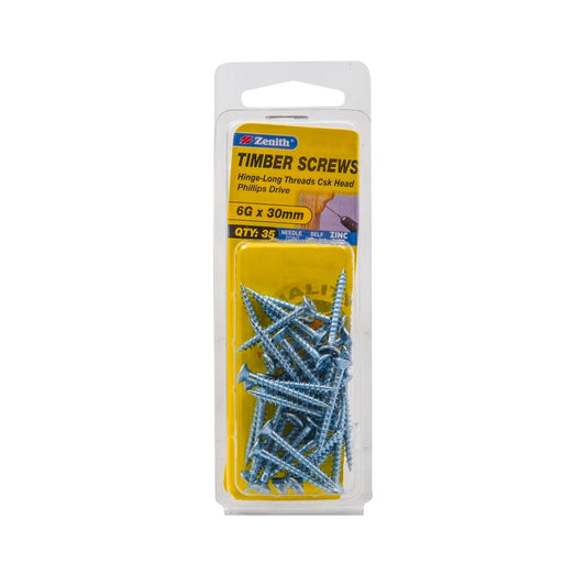Zenith Timber Screws - 6g x 30mm - Zinc Plated - Countersunk Head - 35 Pack - Auzzistore