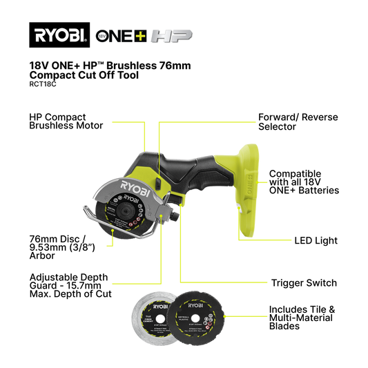 Ryobi Compact Cut Off Tool - 76mm - Brushless - Multi-Purpose Cutting – view 2 - Auzzistore