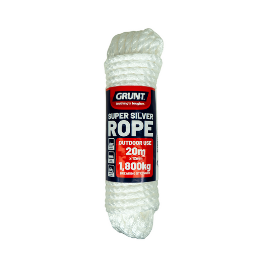 Grunt 12mm x 20m White Super Silver Rope - Durable Polypropylene - UV Safe - Auzzistore