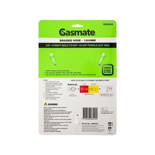 Gasmate 1200mm Braided Hose - 3/8 BSPT to 5/8 UNF - Durable Gas Connection – view 2 - Auzzistore