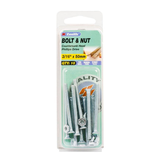 Zenith Countersunk Bolt & Nut - 3/16 x 50mm - Zinc Plated - Flush Finish - 10 Pack - Auzzistore