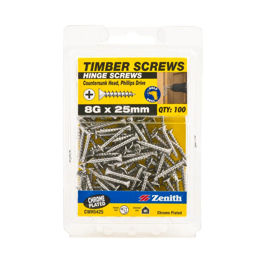 Zenith 8G x 25mm Chrome Plated Countersunk Head Timber Screws 100 Pack - Auzzistore