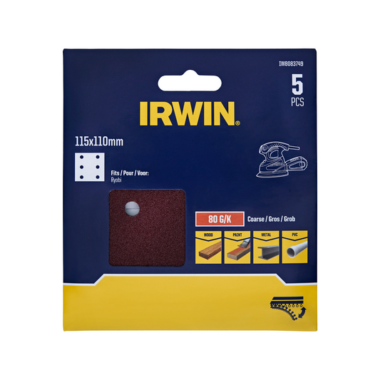 Irwin 115 x 110mm 80 Grit Sanding Sheets 5 Pack - Medium Stock Removal - Auzzistore