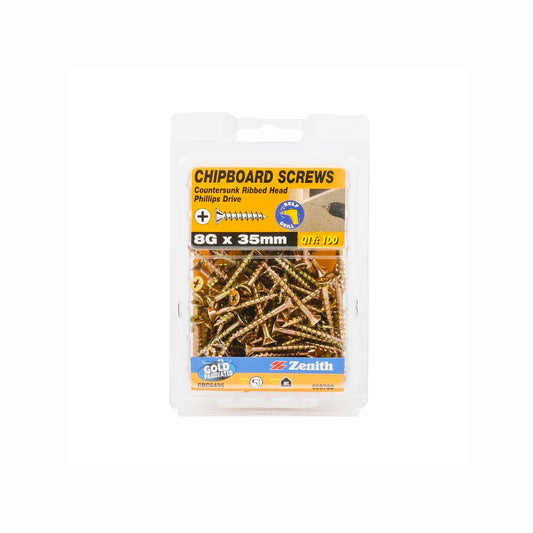 Zenith 8g x 35mm Gold Passivated Chipboard Screw - 100 Pack - Durable Grip – view 2 - Auzzistore