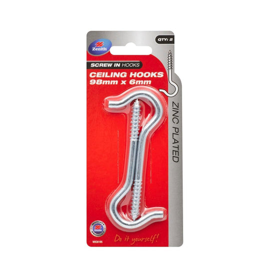 Zenith Ceiling Hook - 98 x 6mm - Zinc Plated - Heavy Duty - 2 Pack