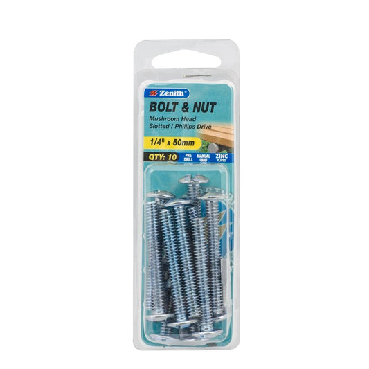 Zenith Mushroom Head Bolt & Nut - 1/4 x 50mm - Zinc Plated - 10 Pack - Auzzistore