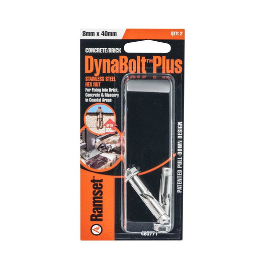Ramset DynaBolt Plus 8 x 40mm Stainless Steel 2 Pack - Enhanced Security - Auzzistore