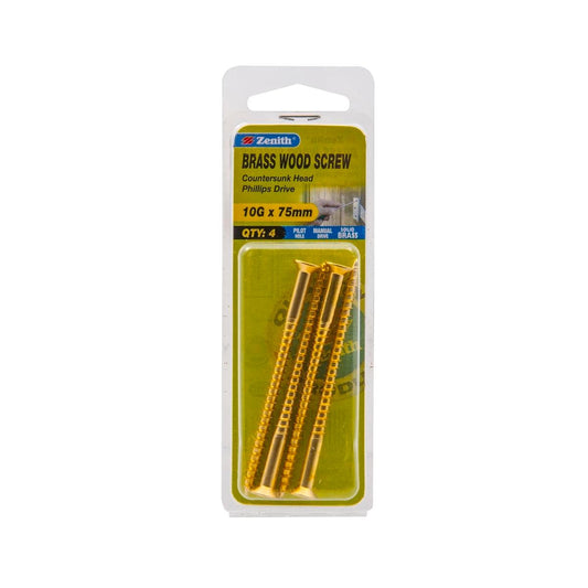 Zenith 10G x 75mm Solid Brass Countersunk Head Wood Screws – 4 Pack - Auzzistore