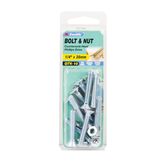 Zenith Countersunk Bolt & Nut - 1/4 x 38mm - Zinc Plated - Flush Finish - 10 Pack - Auzzistore