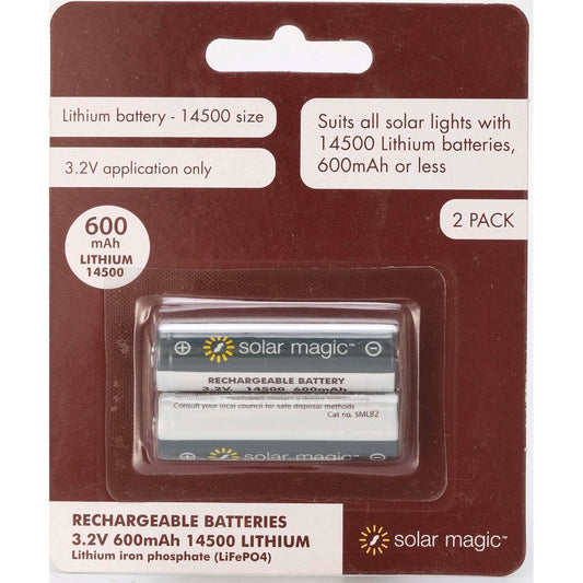 Solar Magic 14500 Lithium Battery 3.2V 600mAh 2 Pack Rechargeable