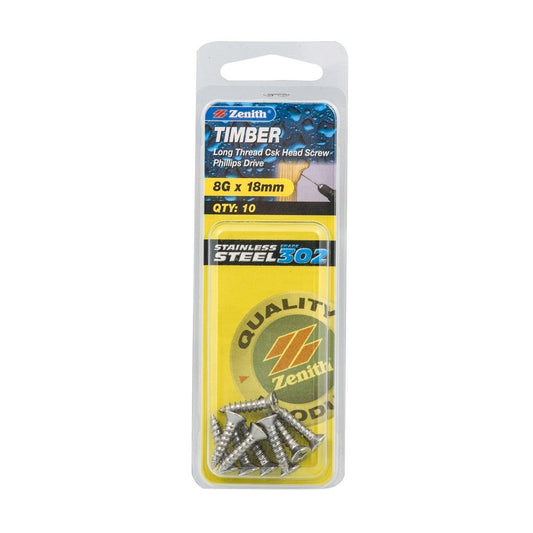 Zenith Timber Screws - 8g x 18mm - 10 Pack - Stainless Steel - Countersunk Head - Auzzistore