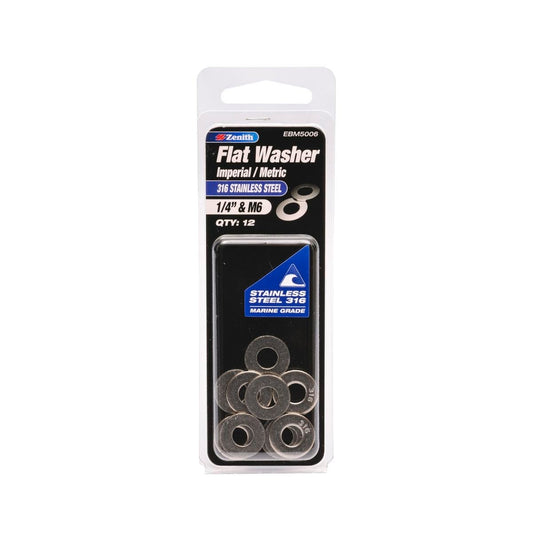 Zenith Flat Washer - 1/4 & M6 - 316 Stainless Steel - Corrosion Resistant - 12 Pack - Auzzistore