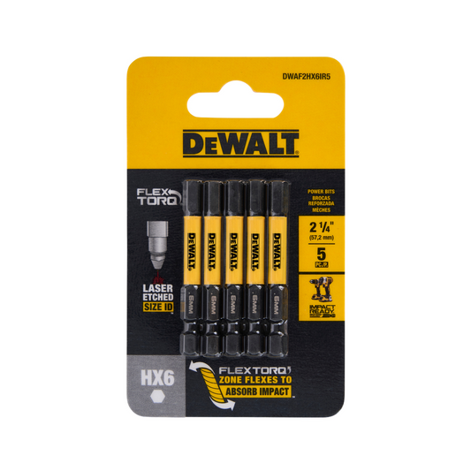 Dewalt Flextorq Screwdriver Bits 5 Pack - 57mm Hex H6 - Durable High Carbon Steel – view 2 - Auzzistore