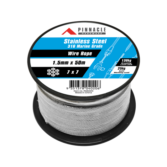 Pinnacle 1.5mm x 50m Stainless Steel Wire Rope - 316 Marine Grade - Durable - Auzzistore