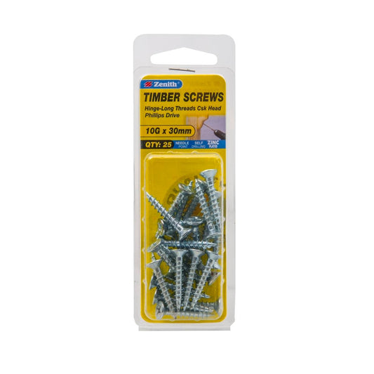 Zenith Hinge Longthread Screw - 10g x 30mm - Zinc Plated - Countersunk - 25 Pack - Auzzistore