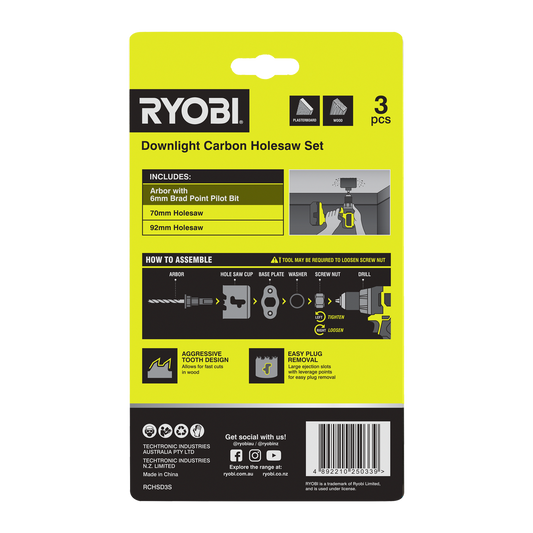 Ryobi 3 Piece Downlight Carbon Holesaw Set - 70mm & 92mm - Fast Cutting – view 2 - Auzzistore