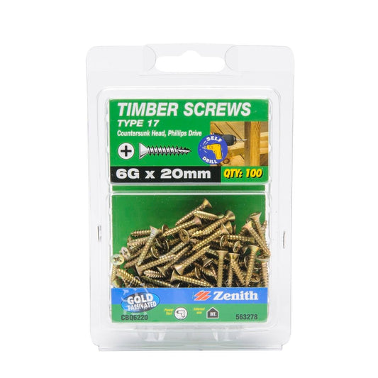Zenith Type 17 Timber Screws - 6g x 20mm - Gold Passivated - 100 Pack - Auzzistore