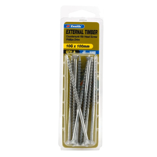 Zenith Timber Screws - 10g x 100mm - Carbon Steel - Galvanised - 8 Pack - Auzzistore