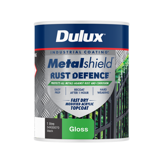 Dulux Metalshield Rust Defence - 1L Black Gloss - Fast-Drying Acrylic Topcoat - Auzzistore
