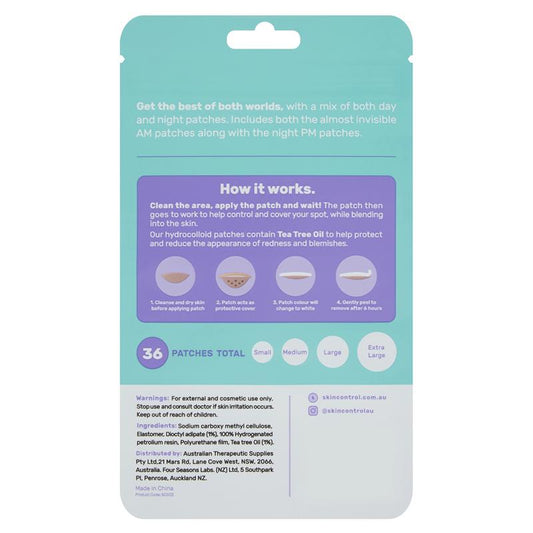 Skin Control Pimple Patches AM & PM - 36 Hydrocolloid Patches for Day and Night - Auzzi Store