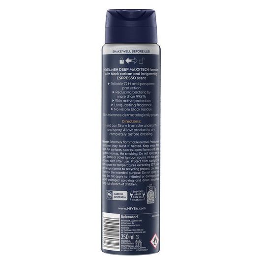 NIVEA MEN Deep Espresso Aerosol Deodorant - 72H Protection (250ml) - Auzzi Store