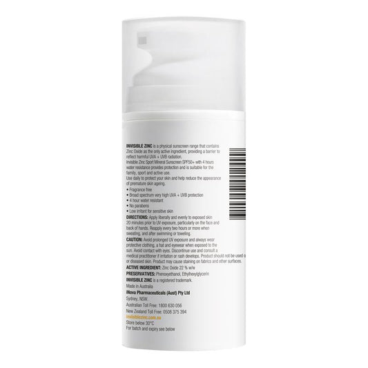 Invisible Zinc SPF 50+ Sport Mineral Sunscreen - 100ml Water Resistant-Auzzi Store