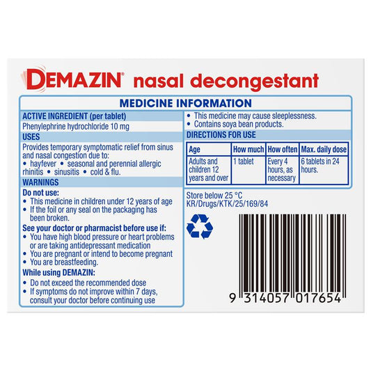Demazin Nasal Decongestant 24 Tablets - Relieves Sinus & Nasal Congestion – view 2