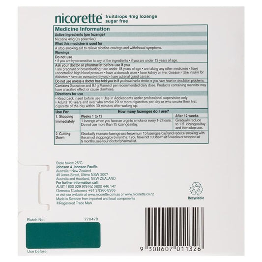 Nicorette Quit Smoking Extra Strength Nicotine Lozenge - Fruitdrops 4mg (80 Pieces) - Auzzi Store