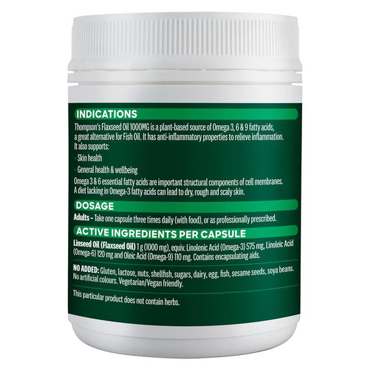 Thompson's Flaxseed Oil 1000mg 200 Vegi-Caps - Omega 3, 6 & 9 for Optimal Health-Auzzi Store