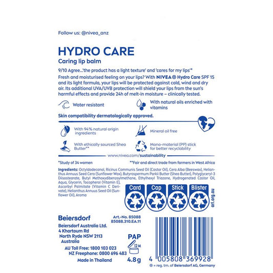 NIVEA Hydro Care Moisturising Lip Balm SPF15 4.8g - Hydration & Protection-Auzzi Store