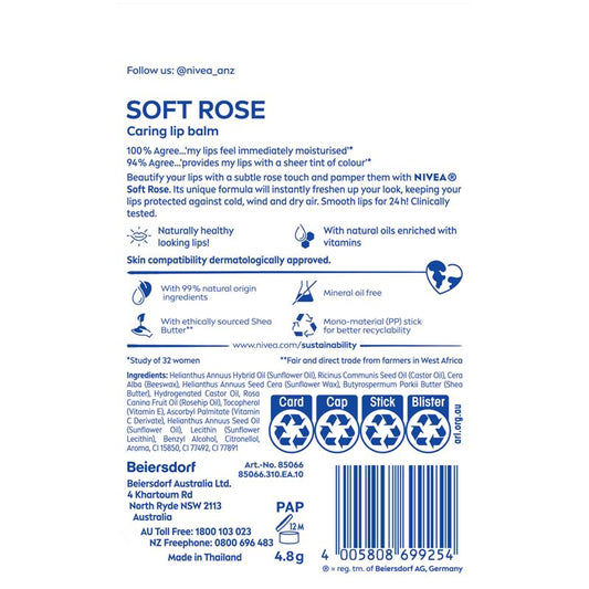 NIVEA Soft Rose Moisturising Lip Balm 4.8g - Hydration with a Touch of Rose-Auzzi Store