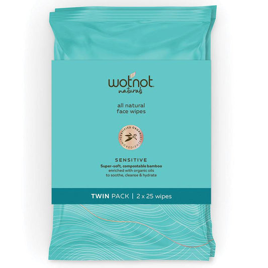 WotNot Natural Organic Sensitive Facial Wipes 2x25 Pack - Gentle & Nourishing