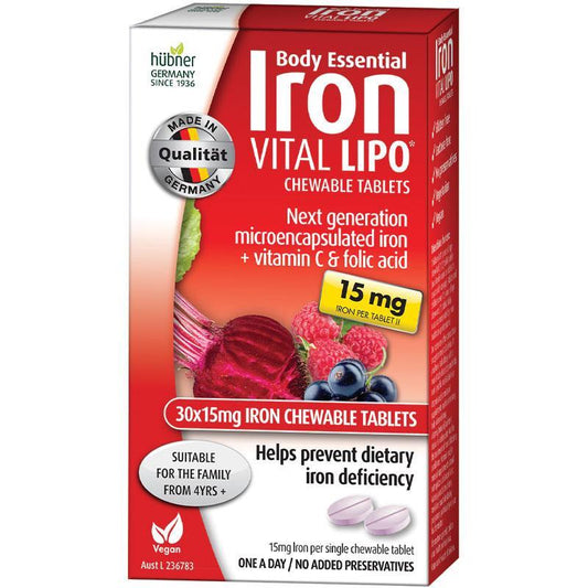 Body Essential Iron Chewable 15mg with Vitamin C & Folic Acid - 30 Tablets