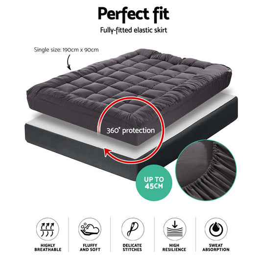 Giselle Single Mattress Topper Pillowtop 1000GSM Charcoal Microfibre Bamboo Fibre Filling Protector | Auzzi Store