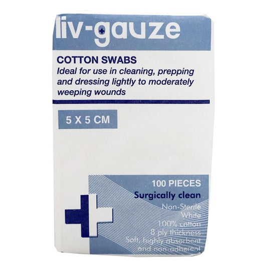 Livingstone 8 Ply Cotton Gauze Swabs - Non-Sterile 5x5cm (100 Pieces)