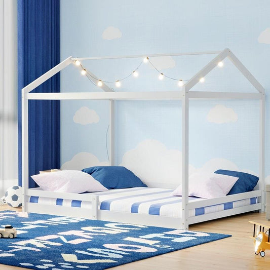 Oikiture Kids Wooden Bed Frame Timber House Beds Base with Fence Double White-Auzzi Store