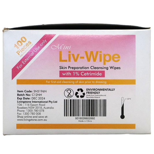 Liv-Wipe Antiseptic Cleansing Wipes with 1% Cetrimide - 100 Pack